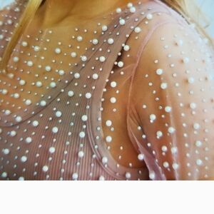 Buckle Cream Sheer Top with Pearl Accents